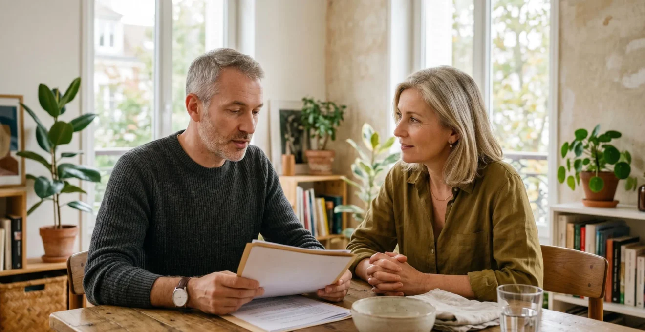 Couple discutant de leur planification financière pour la retraite dans un espace de vie lumineux