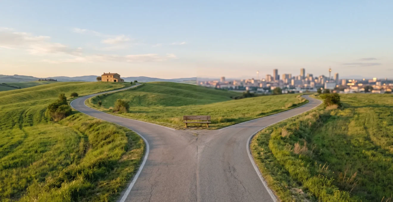 Un embranchement routier symétrique où un chemin mène vers une maison rurale isolée et l'autre vers une silhouette urbaine, avec un banc vide au centre symbolisant le choix de vie à la retraite