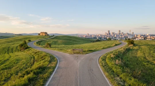 Un embranchement routier symétrique où un chemin mène vers une maison rurale isolée et l'autre vers une silhouette urbaine, avec un banc vide au centre symbolisant le choix de vie à la retraite