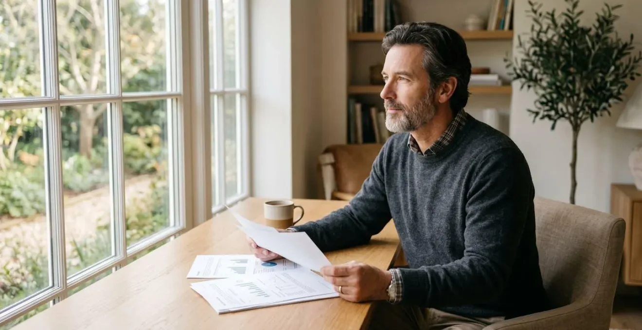 Homme d'une cinquantaine d'années assis à son bureau lumineux, consultant des documents financiers et regardant pensivement par la fenêtre