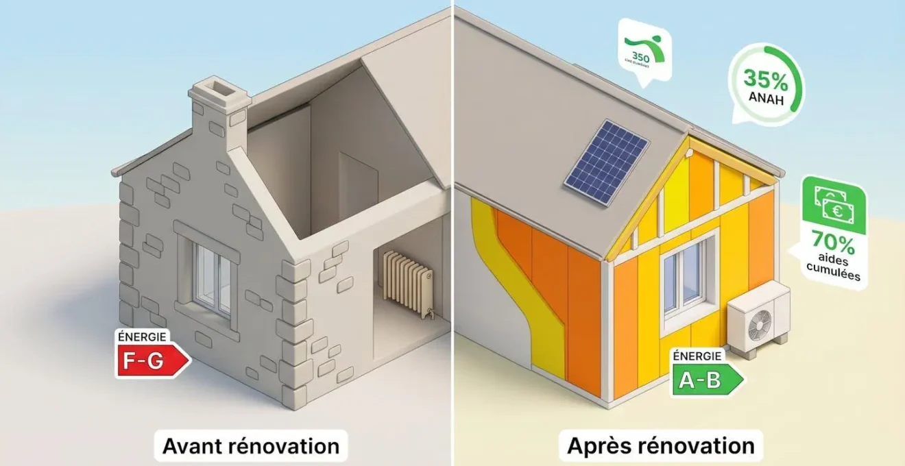 Illustration isométrique d'une maison rurale en coupe montrant la comparaison avant-après rénovation énergétique avec les aides ANAH