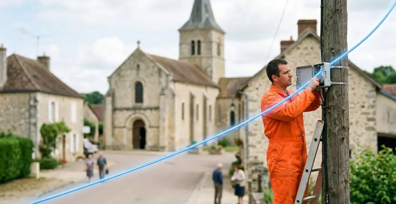 Un technicien installe un boîtier de fibre optique sur un poteau dans un village rural français, symbolisant la révolution numérique des campagnes