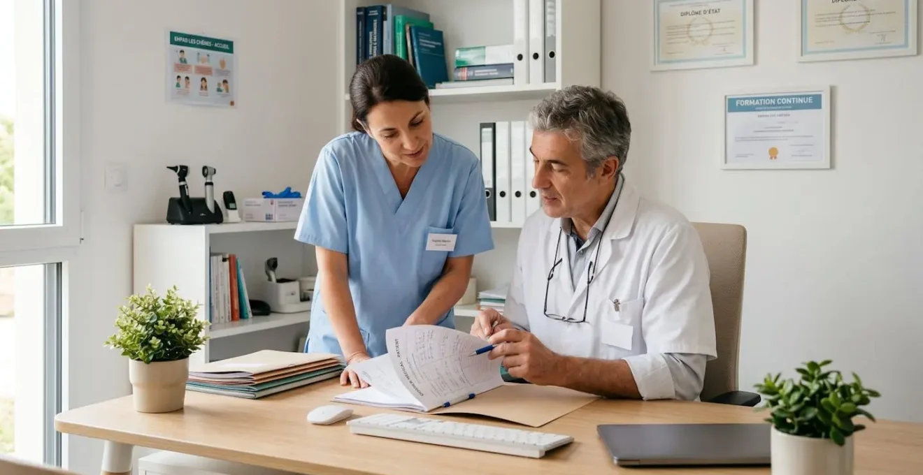 Médecin traitant et infirmière coordinatrice d'EHPAD consultant ensemble un dossier médical dans un bureau médical épuré et lumineux