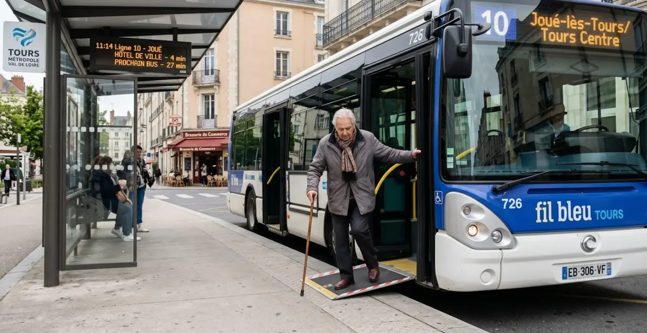 Personne âgée avec canne descendant d'un bus Fil Bleu accessible à Tours par la rampe PMR, arrêt de bus moderne en centre-ville