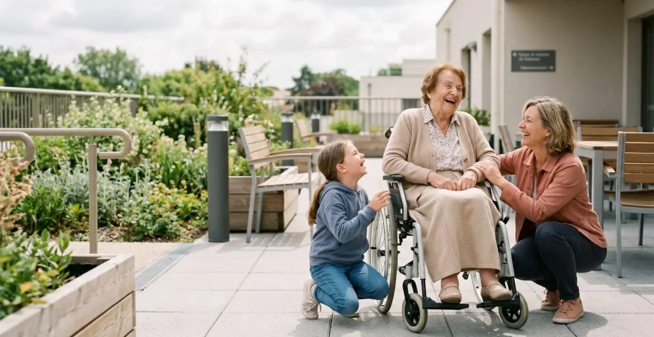 Personne âgée en fauteuil roulant sur une terrasse d'EHPAD, riant avec sa fille et sa petite-fille dans un jardin accessible, interaction familiale naturelle en lumière douce