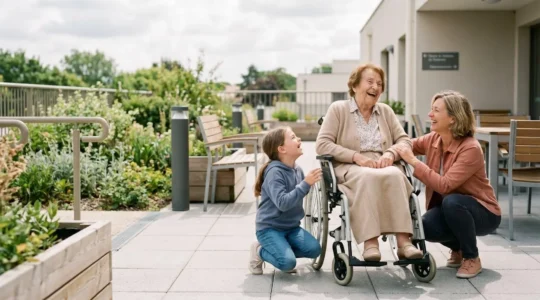 Personne âgée en fauteuil roulant sur une terrasse d'EHPAD, riant avec sa fille et sa petite-fille dans un jardin accessible, interaction familiale naturelle en lumière douce