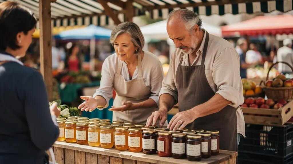 Couple de retraités tenant un stand sur un marché local français, debout derrière leur étal de produits artisanaux, en interaction avec un client