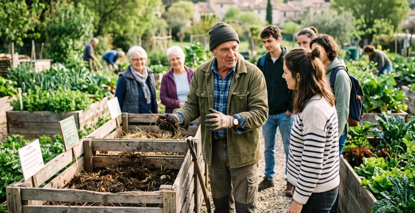 Homme d'environ 65 ans animant un atelier pratique en extérieur dans un jardin partagé, debout, expliquant des techniques de compostage à un petit groupe