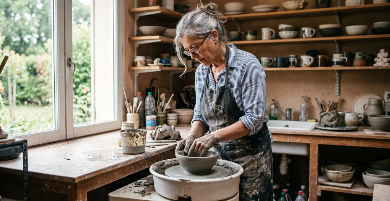 Femme d'environ 60 ans travaillant activement dans son atelier de céramique, debout devant son tour de potier, façonnant une pièce d'argile